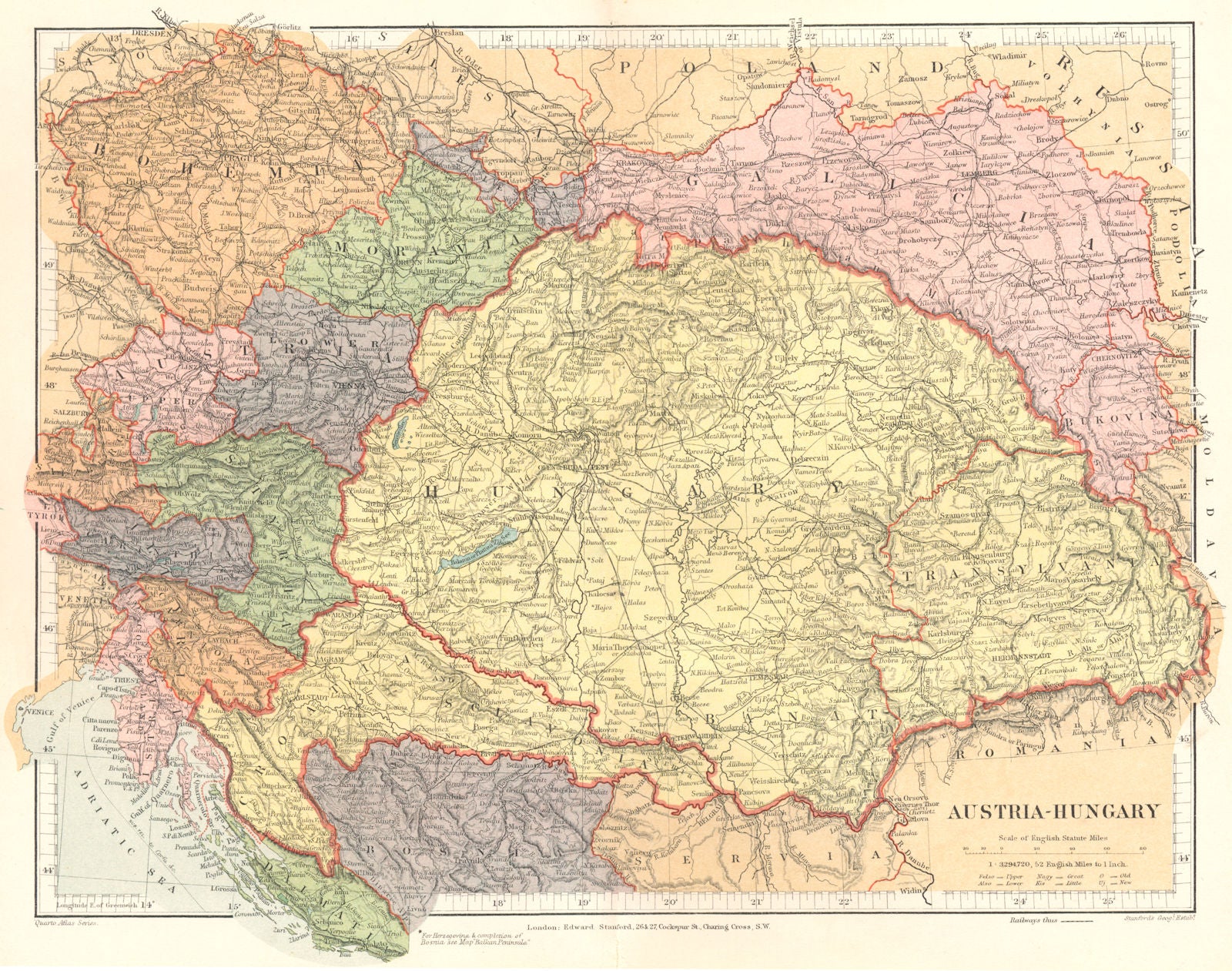 AUSTRIA-HUNGARY. Galicia Bohemia Moravia Styria Croatia. Stanford 1892 old map